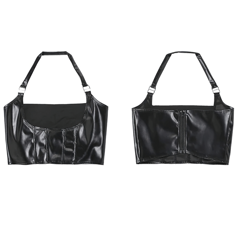 Stylish women's black cropped tank top with buckles in rock style, showcasing front and back views.