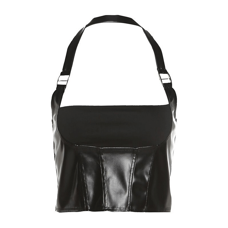 Stylish black cropped tank top with buckles for women, perfect for a rock-style wardrobe.