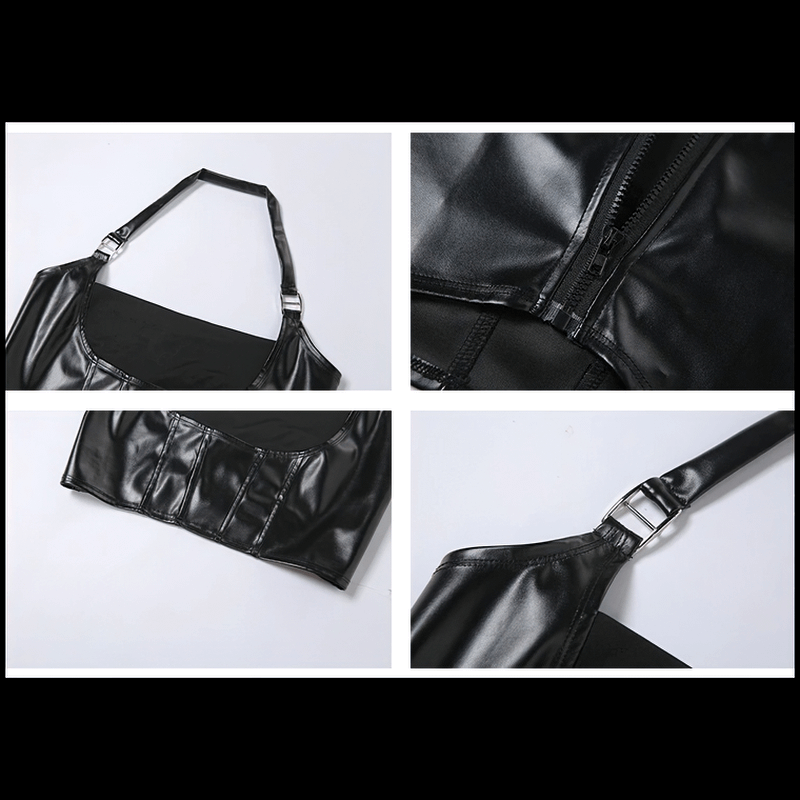 Close-up details of a sexy black cropped tank top with buckles and zipper, showcasing a stylish rock-inspired design.