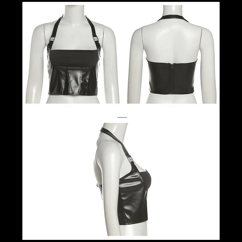 Stylish black cropped tank top with buckles, showcasing rock-inspired fashion for women.