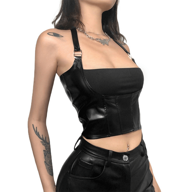 Sexy Black Cropped Tank Top with Buckles / Halter Short Top / Women's Apparel in Rock Style - HARD'N'HEAVY