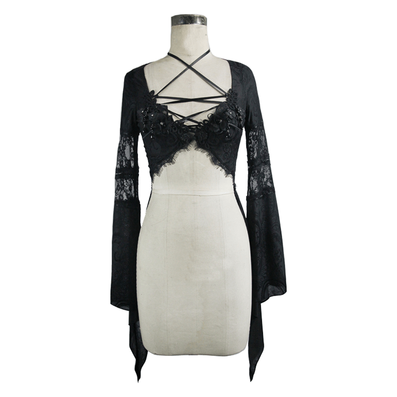 Sexy Black Lace See Through Short Top for Women / Gothic Ladies Flare Sleeve Tops with Lace Up - HARD'N'HEAVY