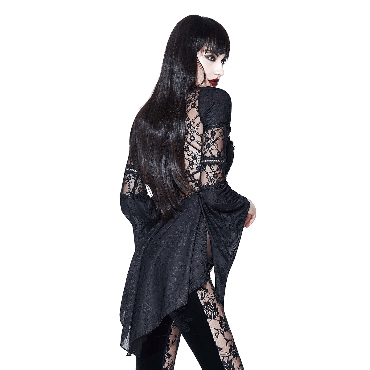 Sexy Black Lace See Through Short Top for Women / Gothic Ladies Flare Sleeve Tops with Lace Up - HARD'N'HEAVY