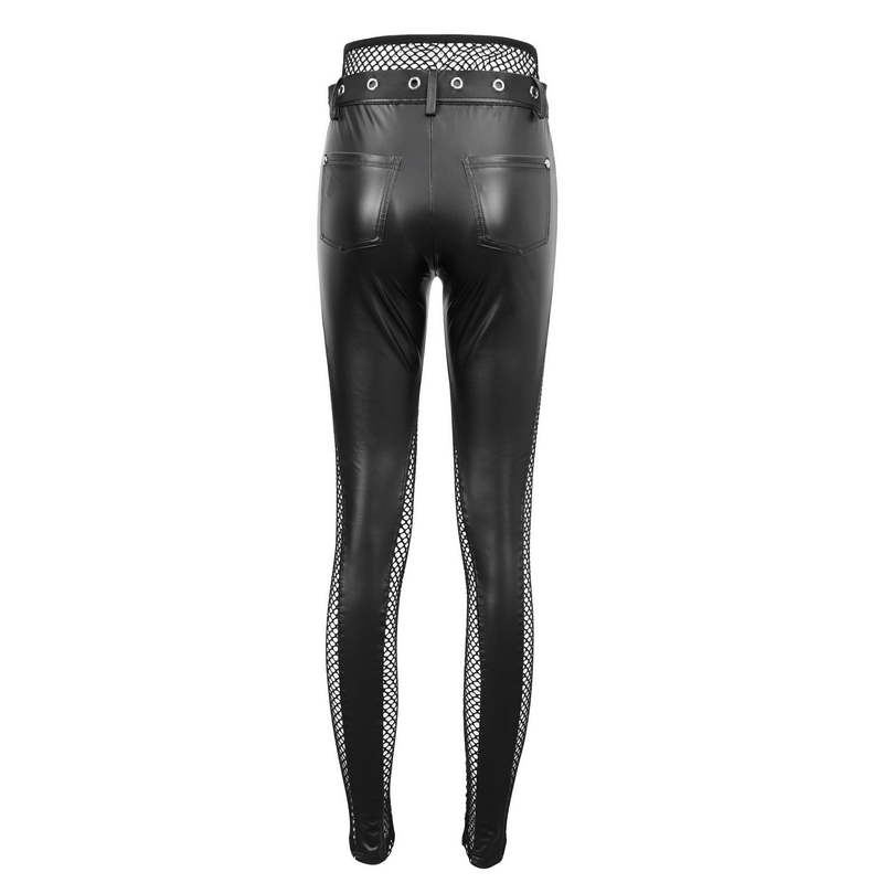 Back view of sexy black mesh PU leather leggings with a stylish belt and rivet design for women.