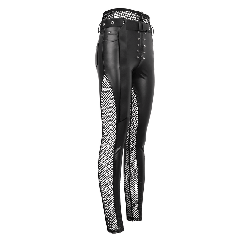 Sexy black mesh PU leather leggings with belt and rivets for women in punk style.
