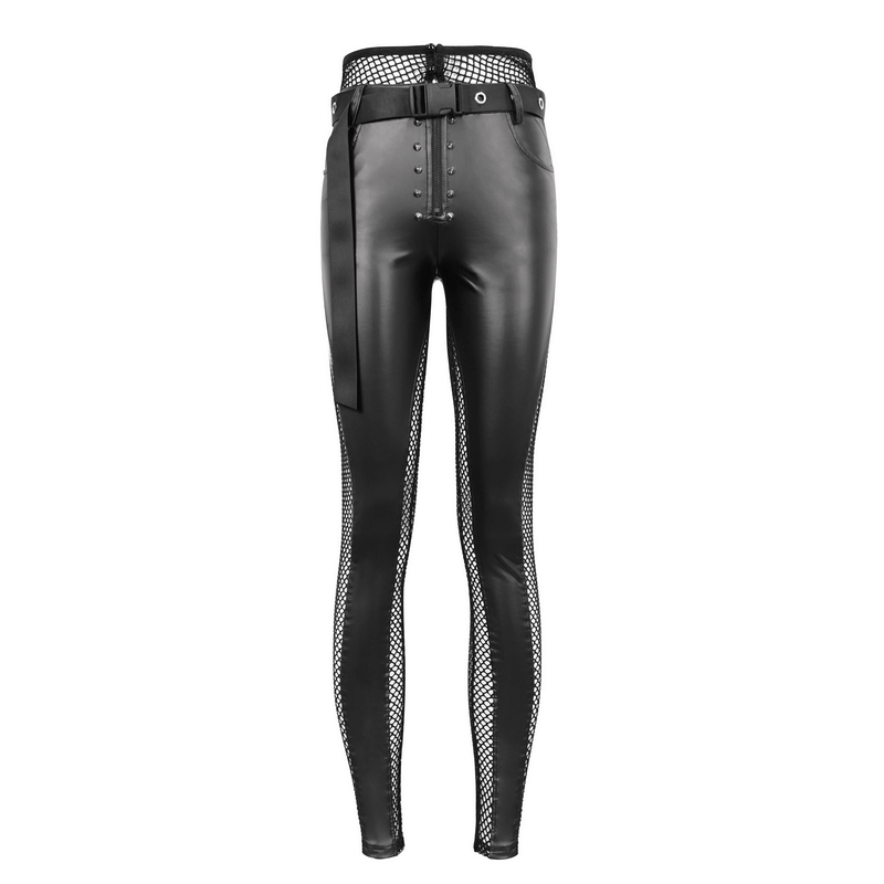 Black mesh PU leather leggings with belt and rivets for women, stylish gothic punk fashion statement.