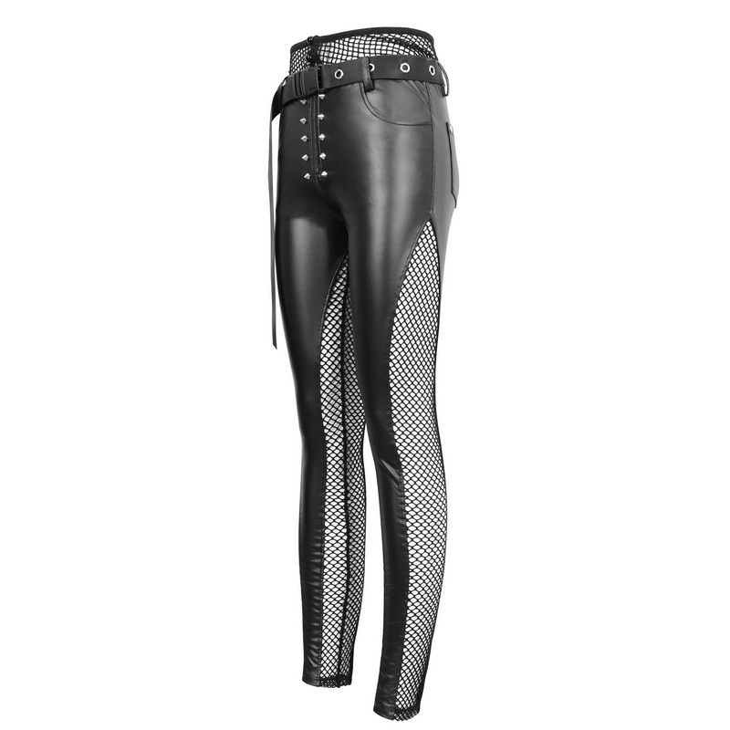 Stylish black mesh PU leather leggings with belt and rivets, perfect for gothic punk fashion lovers.