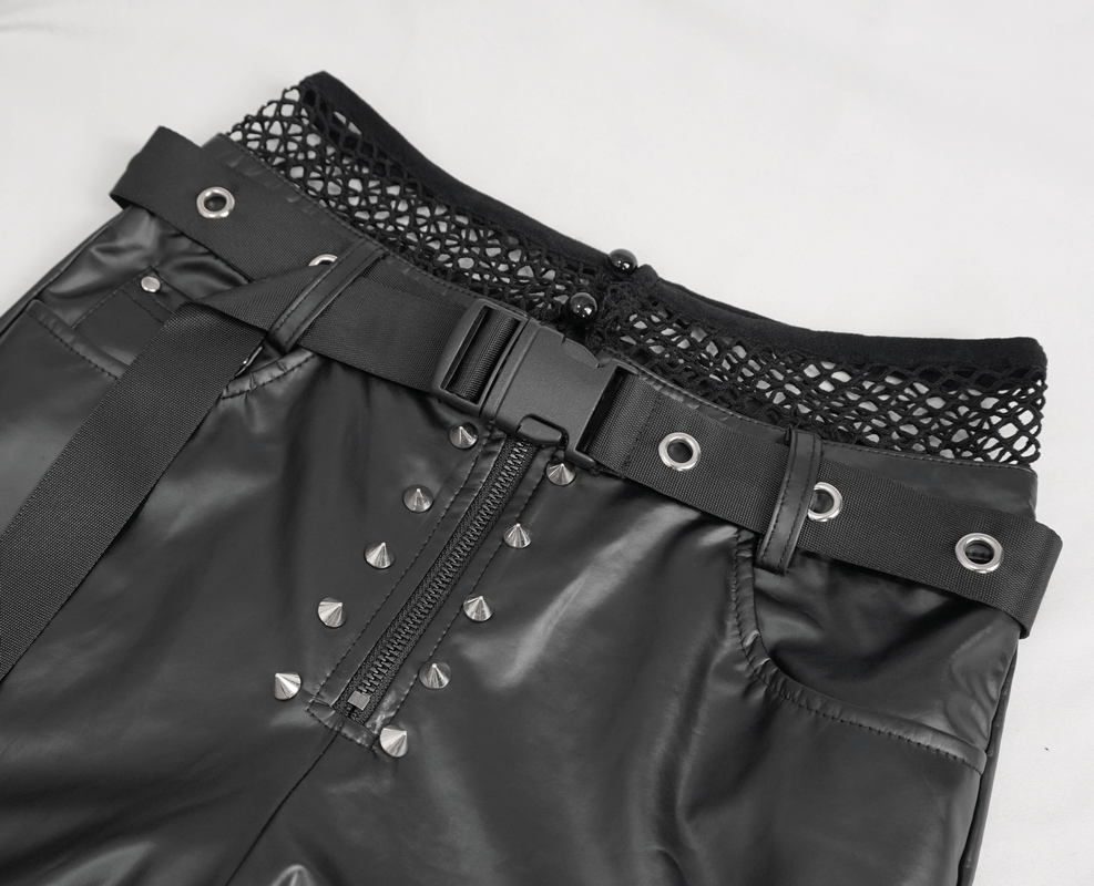 Close-up of sexy black PU leather leggings with rivets and a belted waist, showcasing punk style details.
