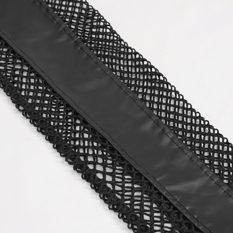 Close-up of black mesh and PU leather fabric, perfect for stylish gothic punk leggings with rivet accents.