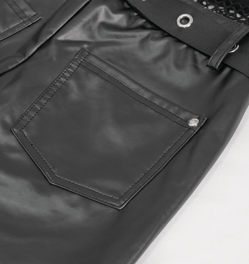Close-up of the pocket on black PU leather leggings featuring a sleek design and rivet detail, showcasing gothic punk style.
