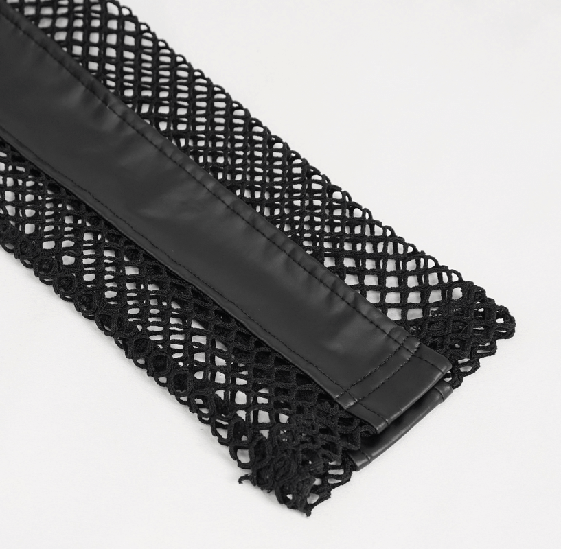 Close-up of black mesh and PU leather fabric showcasing punk style and rivet detail for fashion leggings.