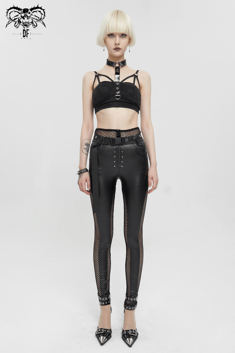 Stylish model in sexy black mesh PU leather leggings with rivets and matching cropped top, showcasing gothic punk fashion.