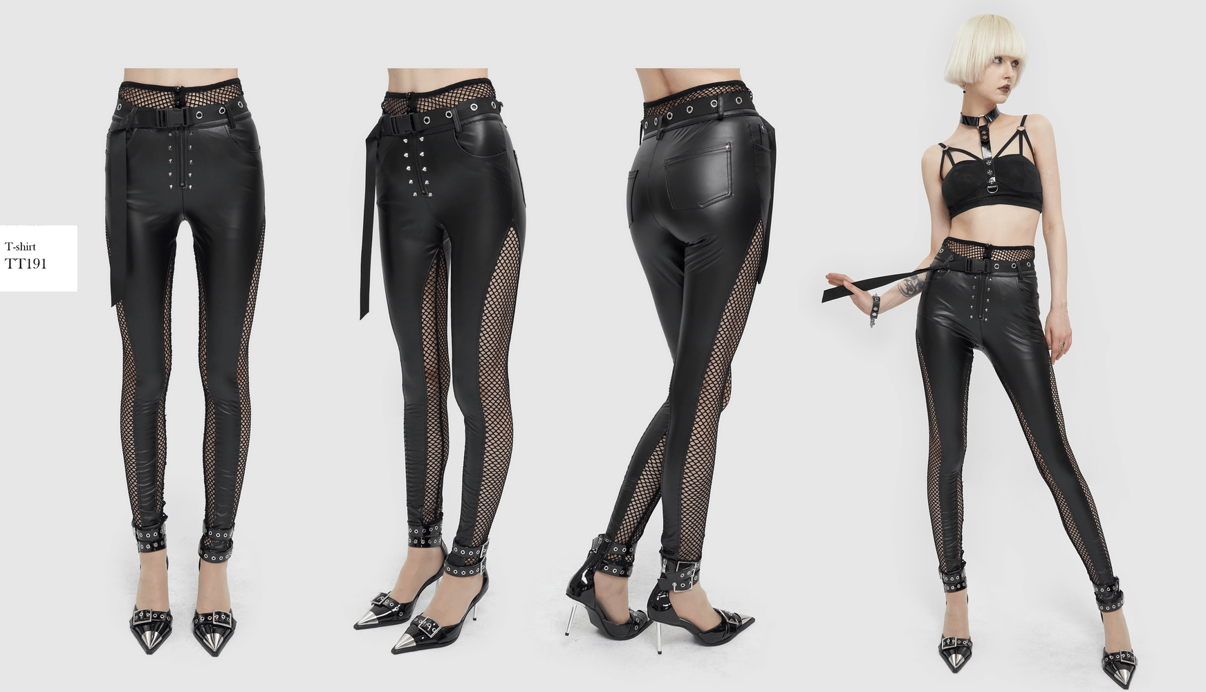 Stylish model showcasing sexy black PU leather leggings with rivets and mesh inserts in a punk fashion setting.