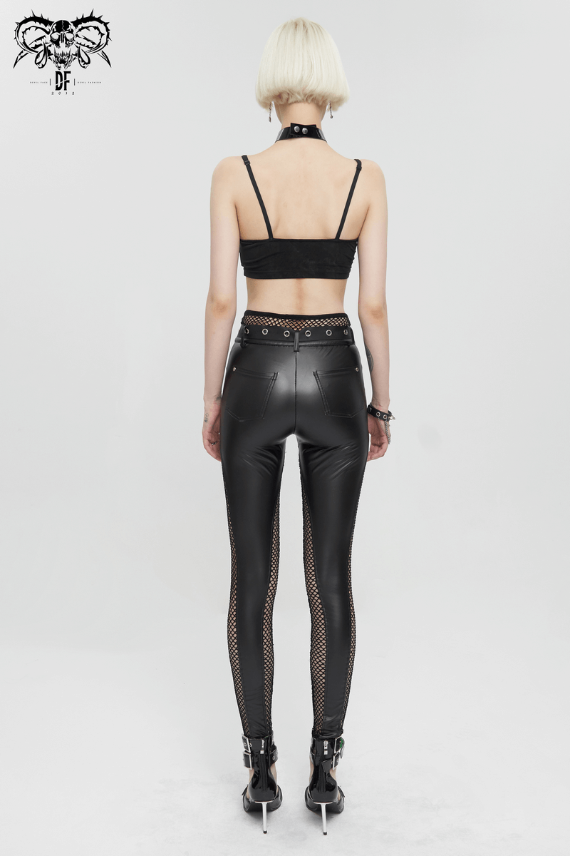Model wearing sexy black mesh PU leather leggings with belt, showcasing gothic punk style and rivet details.