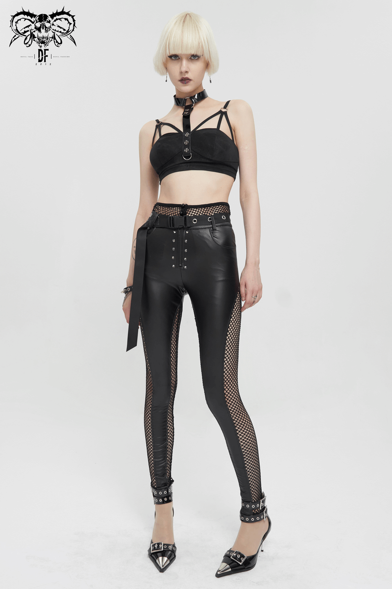 Stylish model wearing sexy black PU leather leggings with rivets and fishnet detailing, showcasing a punk rock aesthetic.