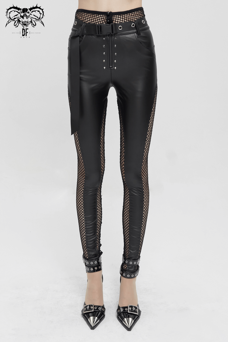 Stylish woman in sexy black mesh PU leather leggings with belt and rivets, perfect for a gothic punk wardrobe.