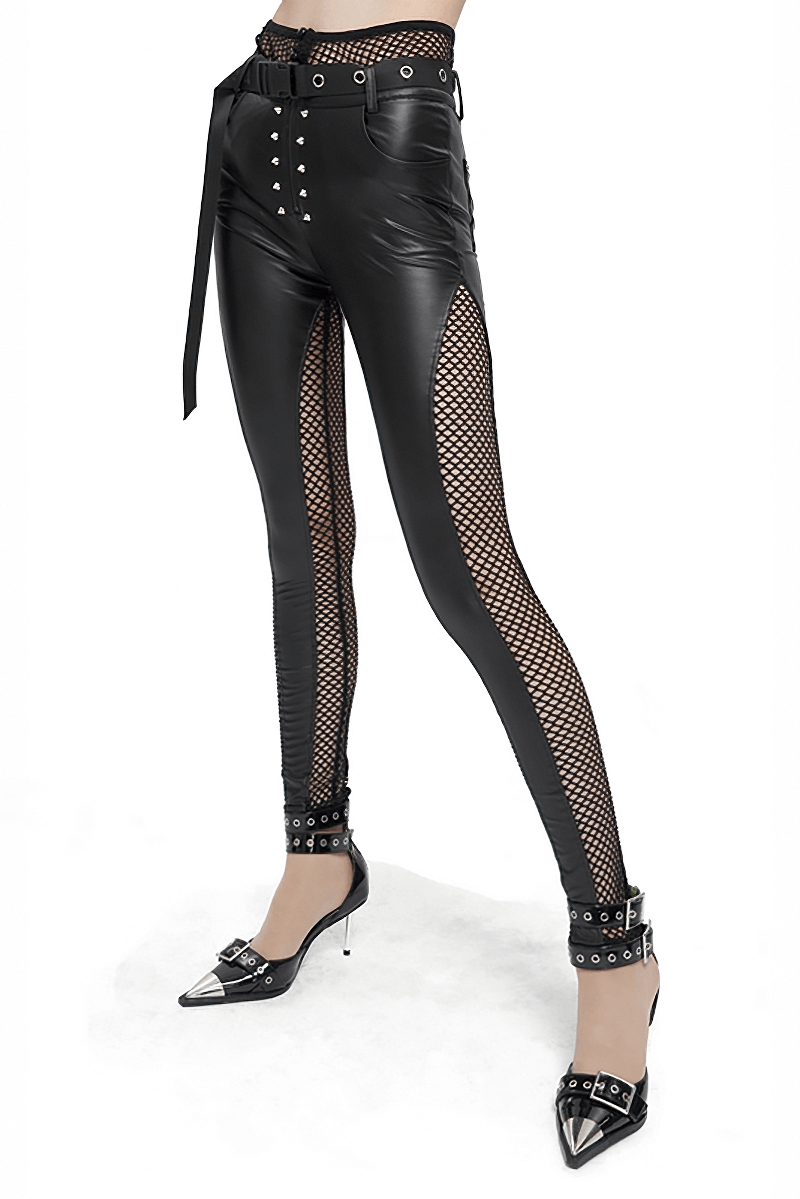 Model showcasing sexy black mesh PU leather leggings with rivets and a belt, perfect for gothic punk style.
