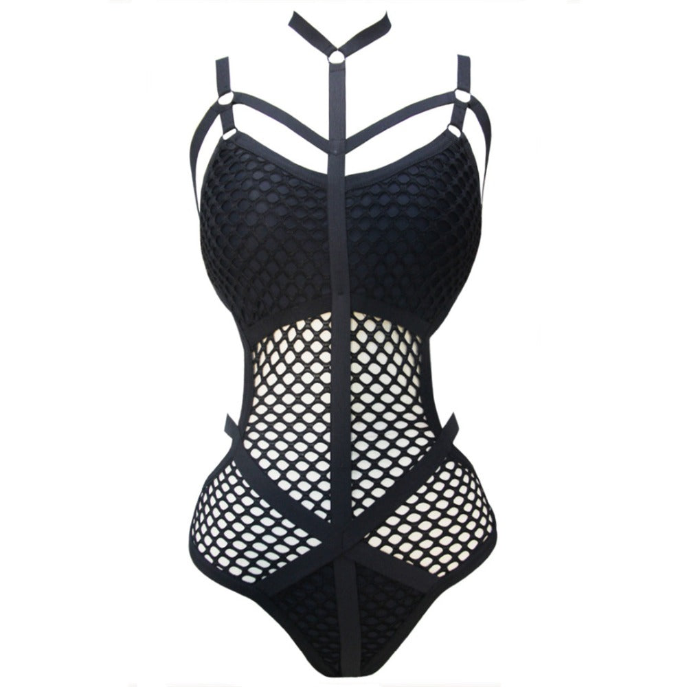 Sexy Black Net Mesh Womens Swimwear One Piece Bathing Swimsuit