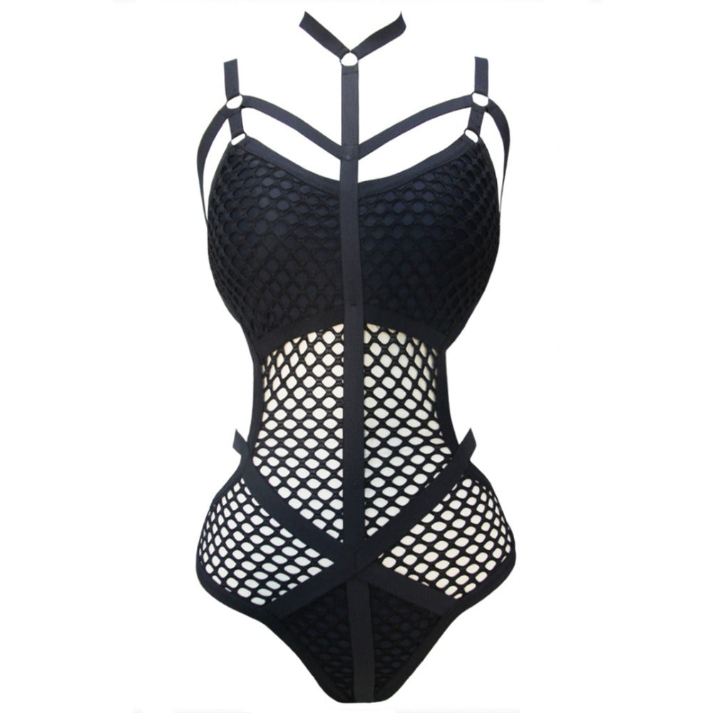 Sexy black one-piece mesh swimsuit with stylish straps for alternative beach fashion.