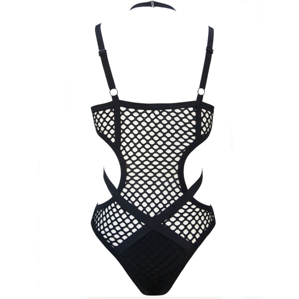 Elegant black mesh one-piece swimsuit featuring a stylish back design, perfect for beach outings.