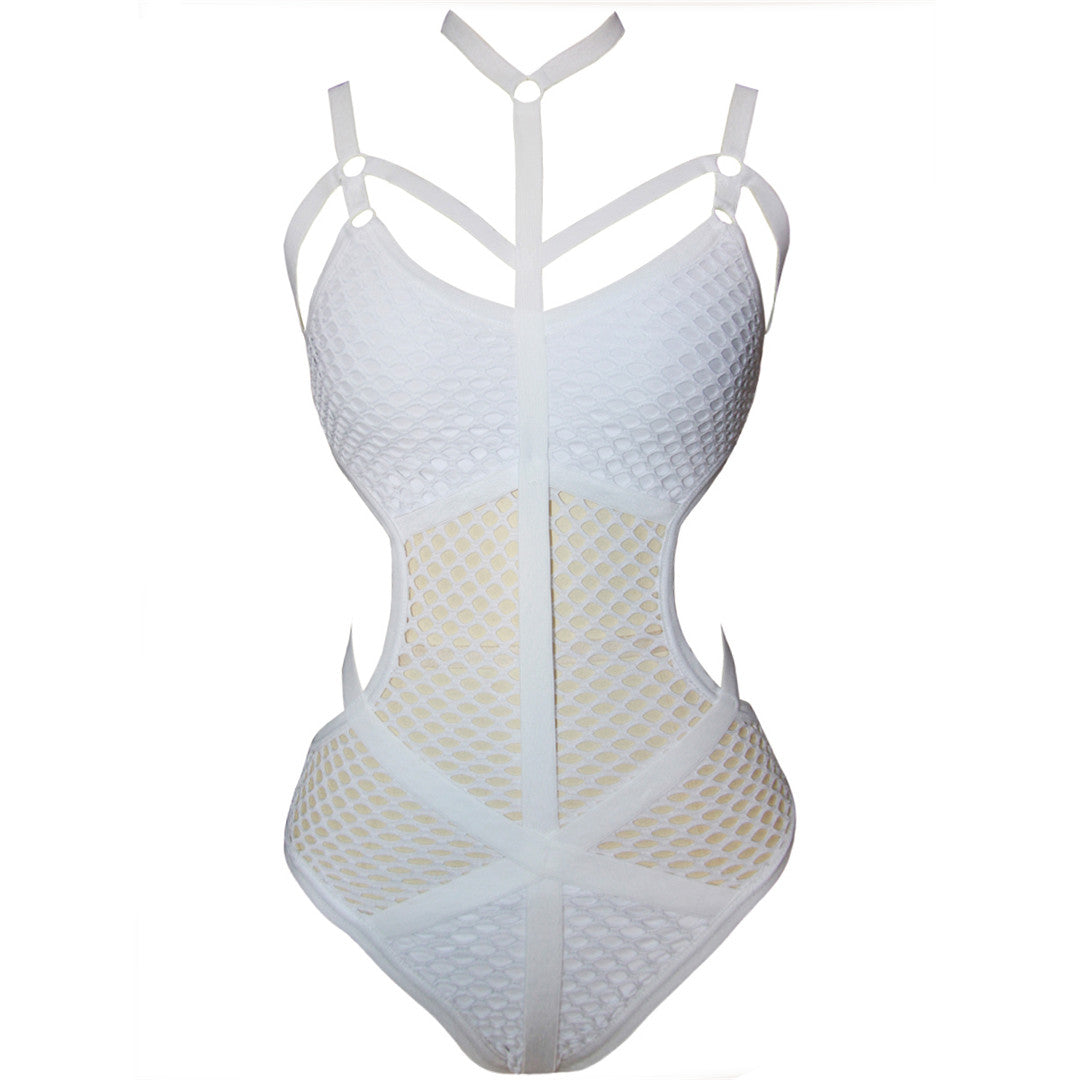 Stylish white mesh one-piece swimsuit with cut-out design and adjustable straps, perfect for beach outings.