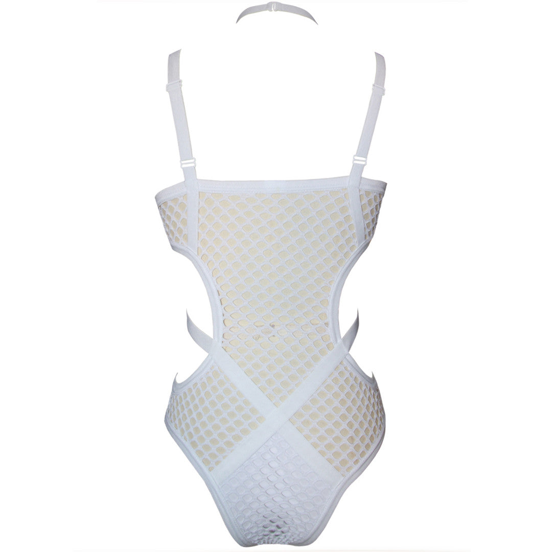 Back view of a sexy white net mesh one-piece swimsuit, perfect for alternative beach fashion.