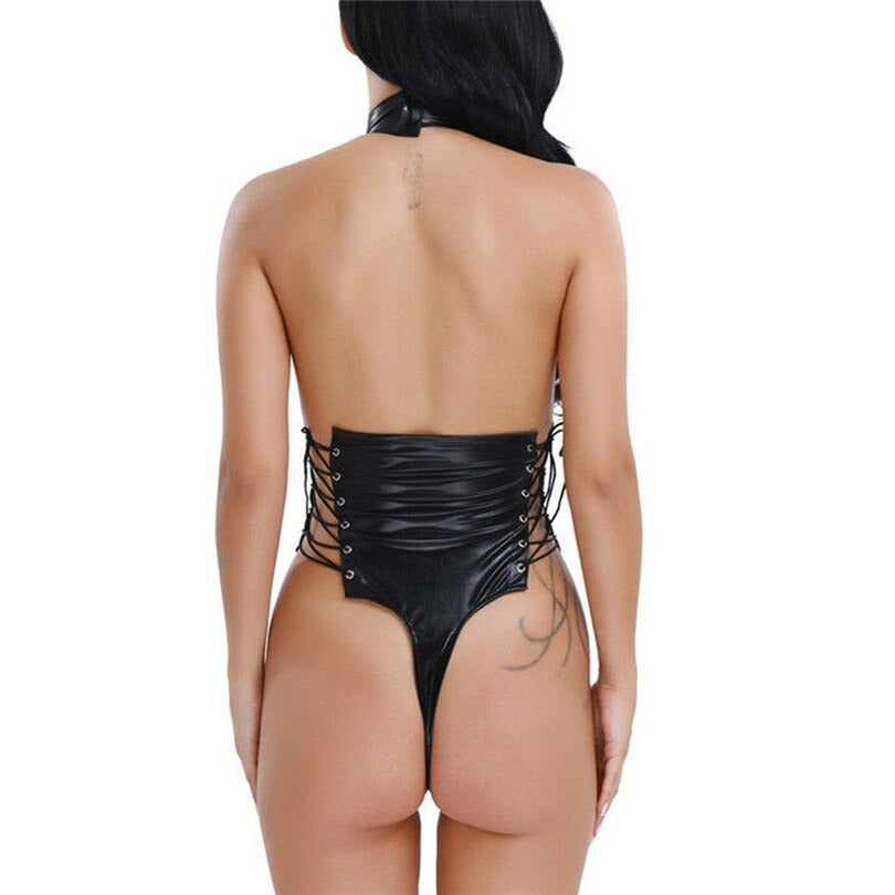 Black shiny vinyl bodysuit with lace-up detailing, showcasing a sexy back design. Perfect for gothic and fetish fashion.