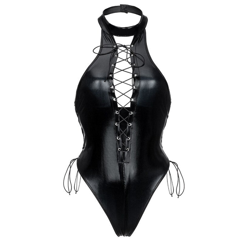 Black shiny vinyl leotard with lace-up front and high cut, perfect gothic bodysuit for a sexy look.