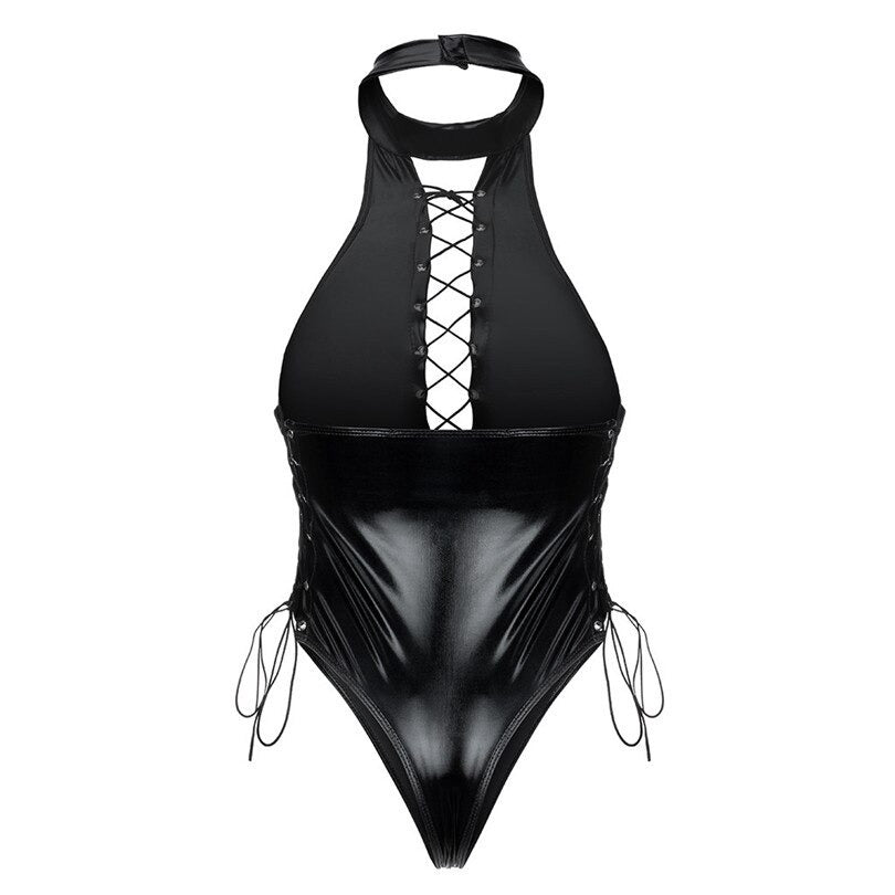 Sleek black shiny bodysuit with lace-up front, perfect for gothic fashion lovers seeking a sexy, unique look.