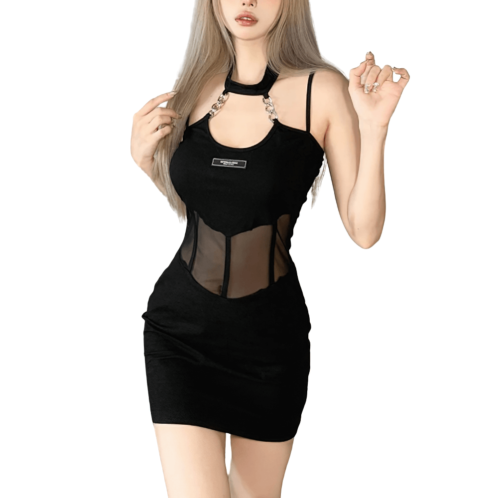 Sexy Black Sleeveless Dress with Mesh on Waist / Charming Women's Spaghetti Strap Mini Dress