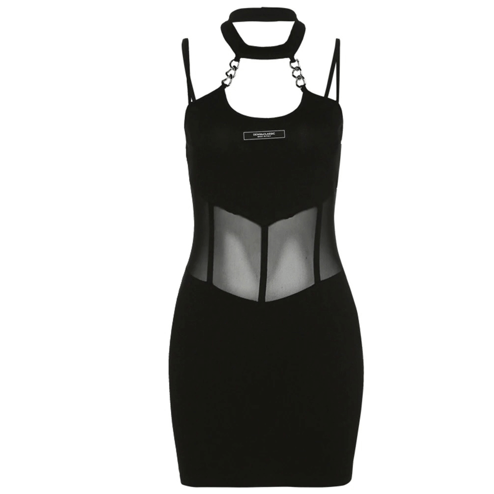 Sexy Black Sleeveless Dress with Mesh on Waist / Charming Women's Spaghetti Strap Mini Dress