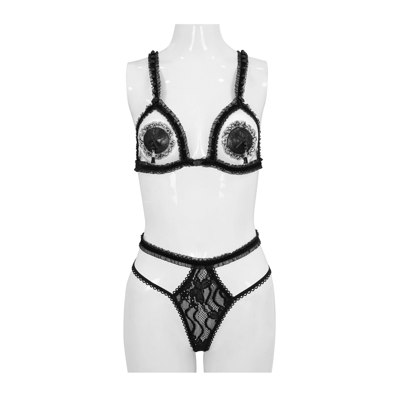 Seductive black split two-piece lingerie set with hollow out bra and lace details for gothic style enthusiasts.