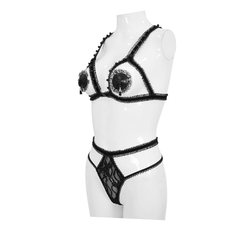 Gothic black split two-piece lingerie set featuring lace and hollow-out bras for a seductive style.