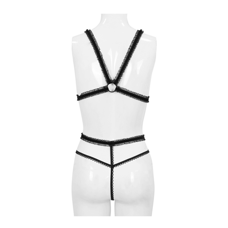 Back view of sexy black split two-piece lingerie set, showcasing intricate lace design and gothic style.