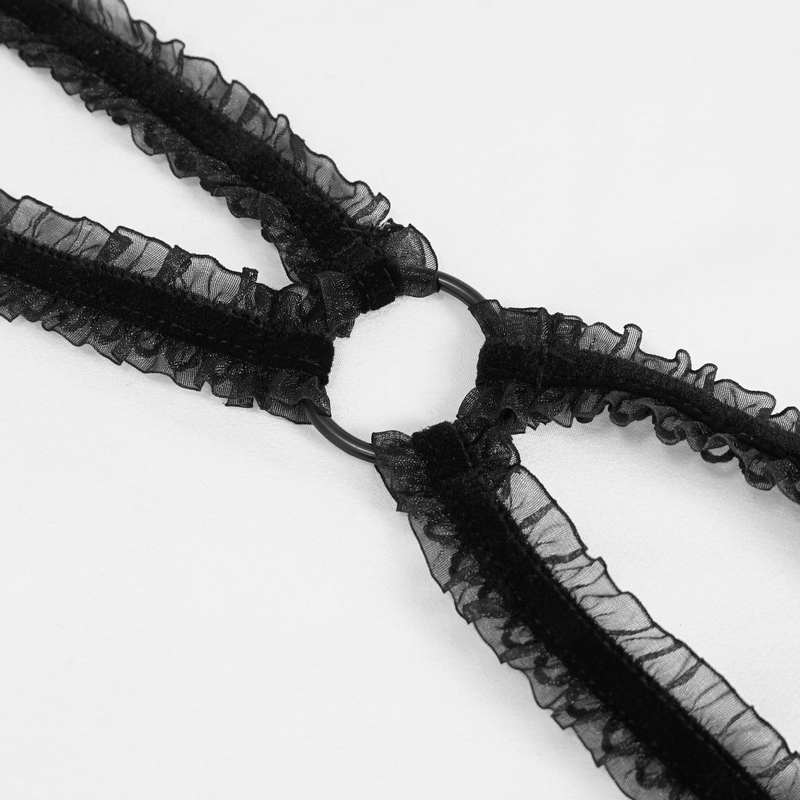 Black lace lingerie ruffle detail with elegant ring design, perfect for a gothic style wardrobe.