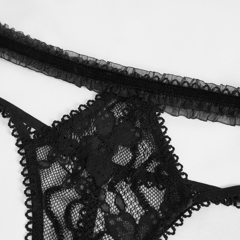 Close-up of elegant black lace lingerie featuring ruffled edges and intricate design details for a seductive look.