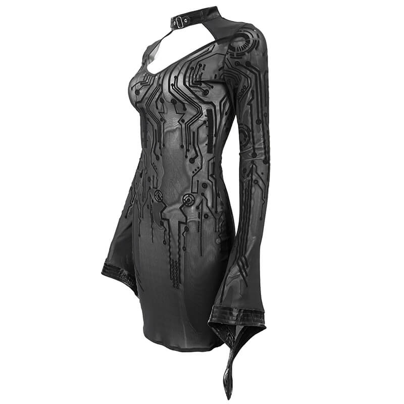 Futuristic black transparent women's midi dress with circuit print and trumpet sleeves, perfect for punk outfits.