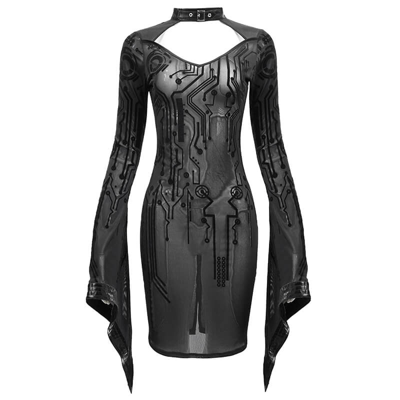 Futuristic black transparent midi dress with trumpet sleeves and circuit print for edgy punk fashion.