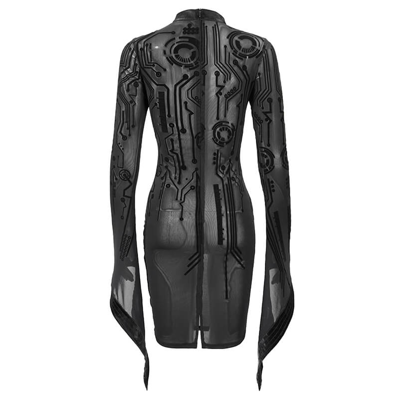 Futuristic black transparent midi dress with cyberpunk print and trumpet sleeves, showcasing a sleek form-fitting design.