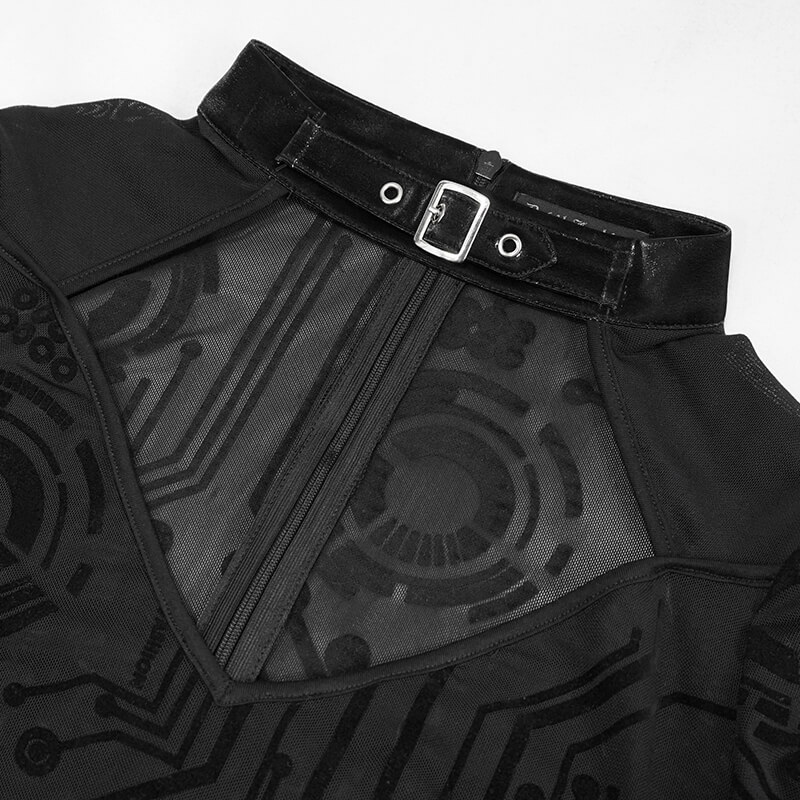 Close-up of the collar and back zipper of a sexy black transparent women's dress with a futuristic print.