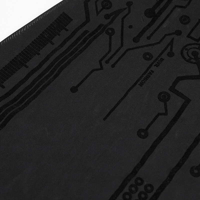Close-up of black transparent fabric with circuit pattern, perfect for a cyberpunk women's midi dress.