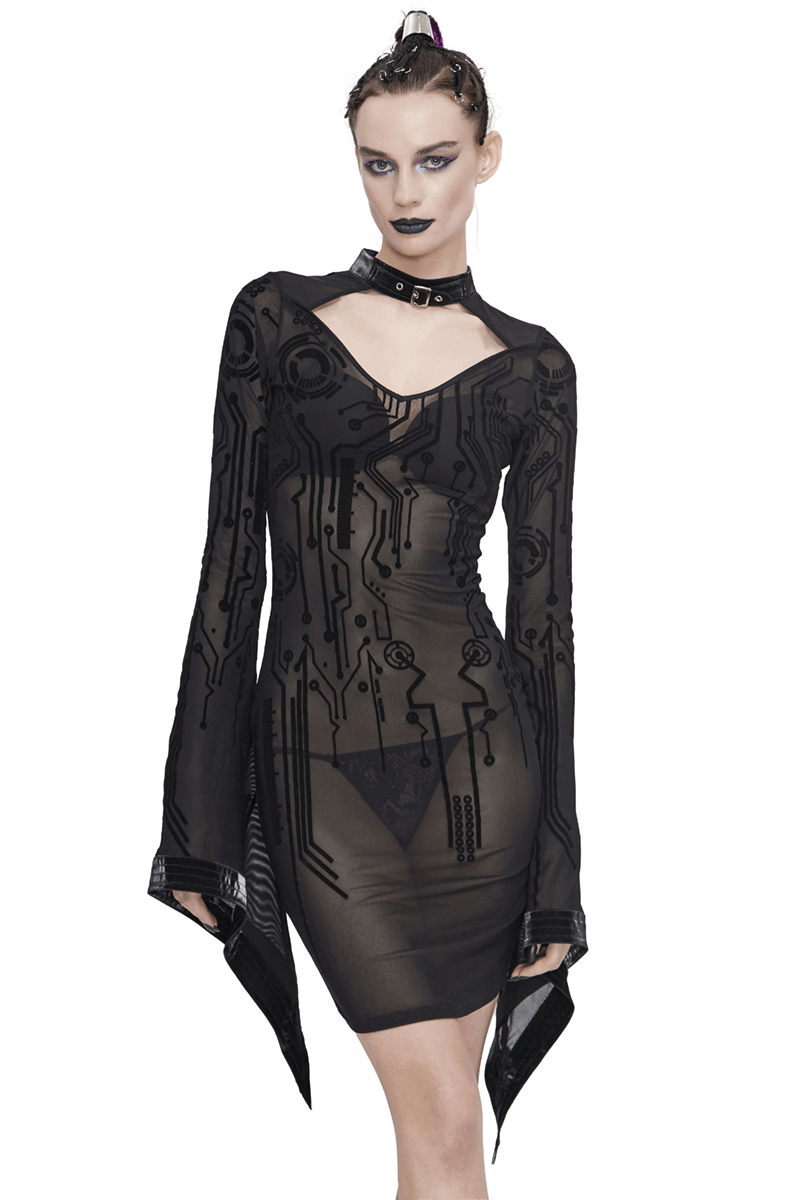 Sexy Black Transparent Women Midi Dress Slim Trumpet Sleeve / Cyberpunk Ladies Dresses - HARD'N'HEAVY