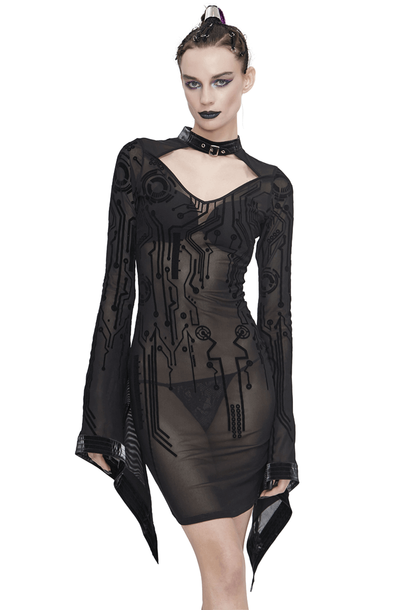 Futuristic black transparent midi dress with trumpet sleeves and unique print, perfect for punk style outfits.