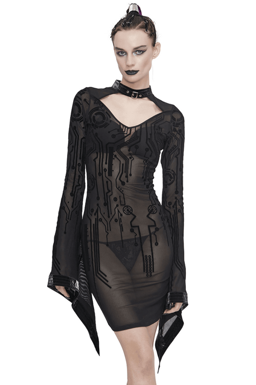 Sexy Noir Transparent Femmes Midi Robe Slim Trompette Manches / Cyberpunk Dames Robes