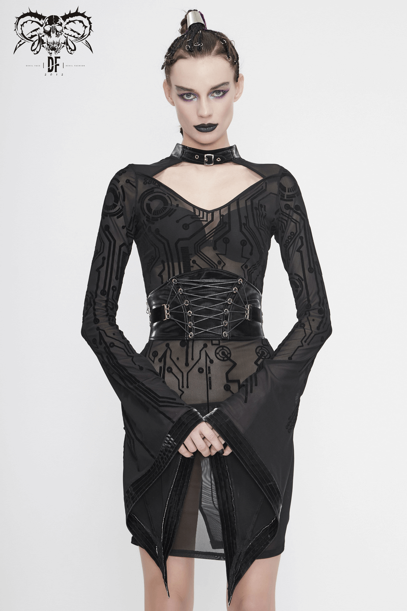 Futuristic black transparent women midi dress with trumpet sleeves and cyberpunk design.