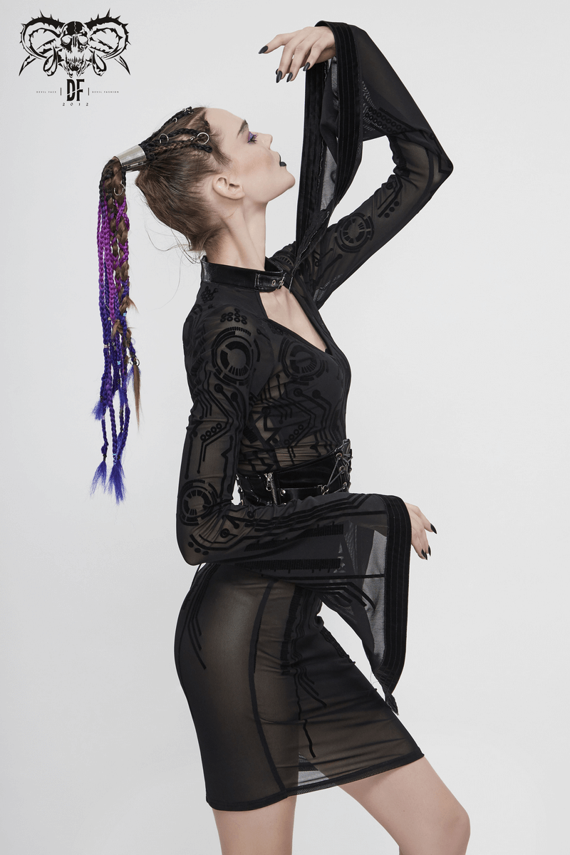 Futuristic black transparent midi dress with trumpet sleeves, ideal for punk style outfits.