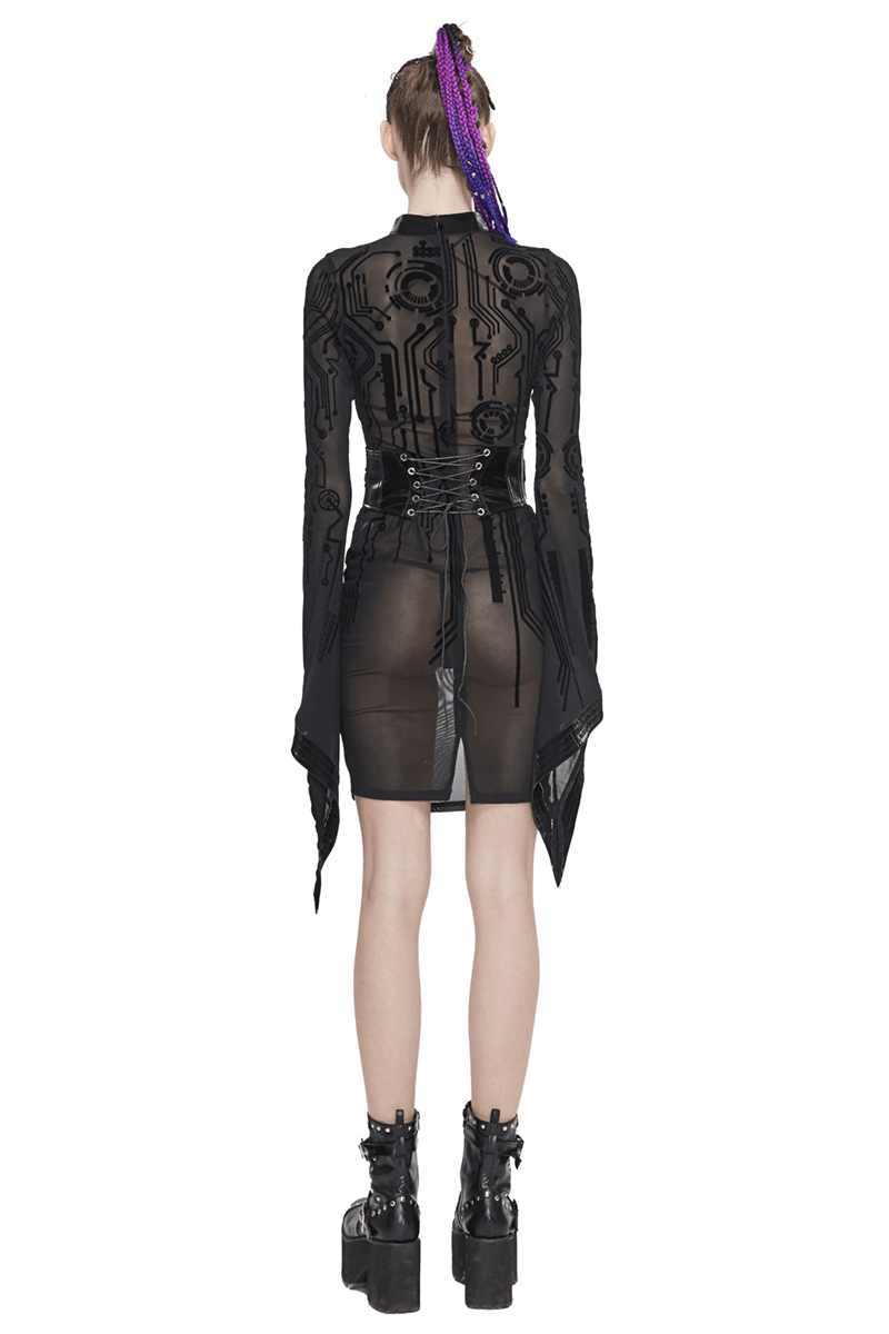 Back view of a sexy black transparent midi dress with trumpet sleeves and futuristic print, ideal for punk outfits.