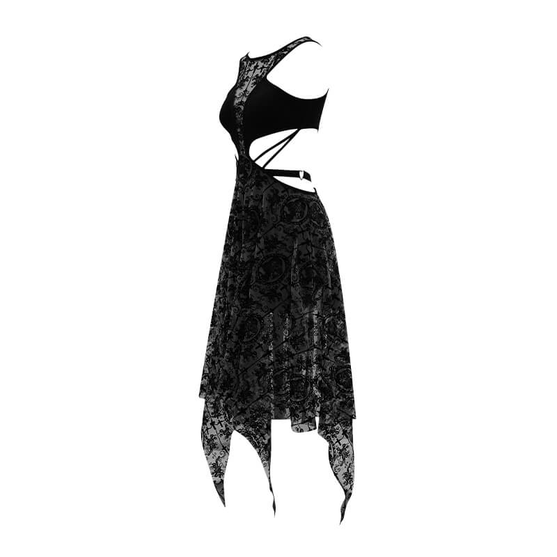 Sexy Black Vintage Pattern Irregular Dress / Gothic Women's Dress With Metal Hearts on Straps - HARD'N'HEAVY