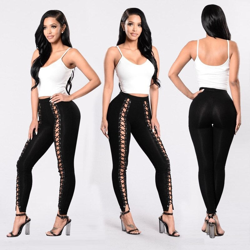 Sexy black lace-up leggings with holes, high waist, perfect for parties, featuring a slim pencil fit and criss-cross design.