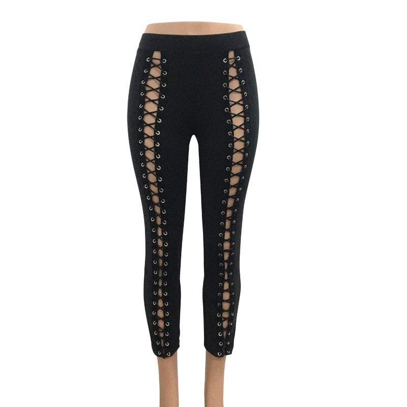 Sexy Black Women Lace Up Leggings with Holes / High Waist Hollow Slim Pencil Pants in Rock Style - HARD'N'HEAVY